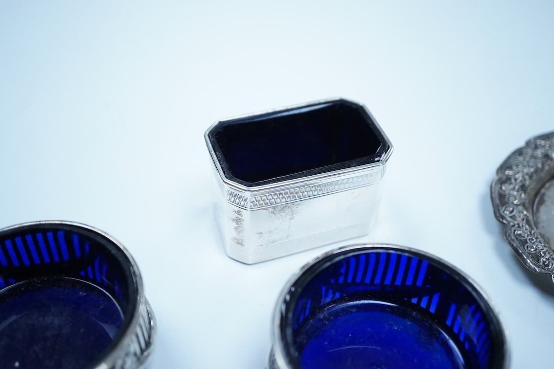 A small group of silver to include an Elizabeth II pierced shallow dish by Viners Ltd, Sheffield, 1957, diameter 12.4cm, a 1930's silver mounted cigarette box, a George III silver fiddle pattern sauce ladle and five silv